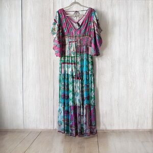 Anthropologie Me 2 Magic Floral Tiered Metallic Maxi Dress Sz L Artsy Boho Chic